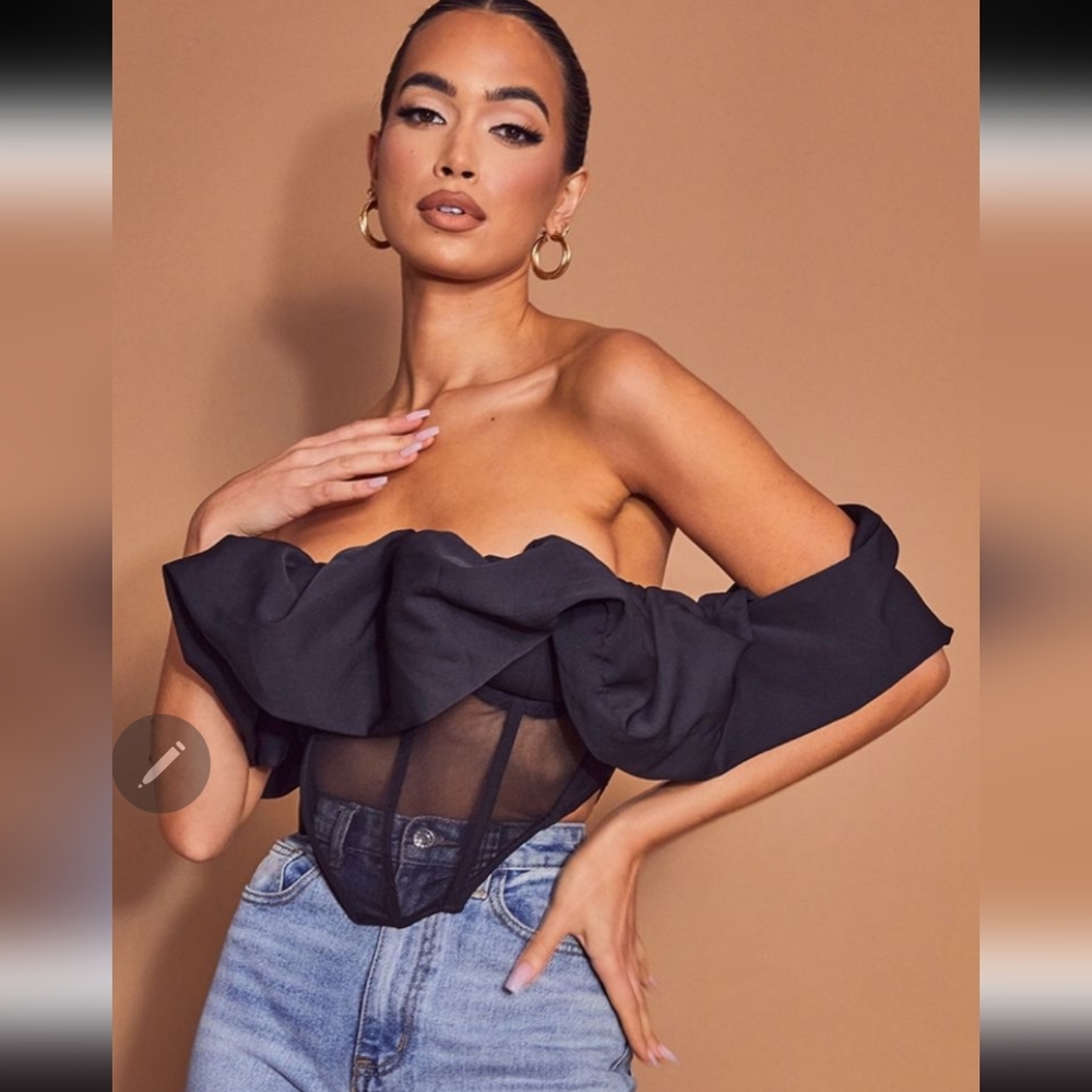 Black Woven Bardot Ruched Mesh Panelled Corset sz 6, 8 NWT